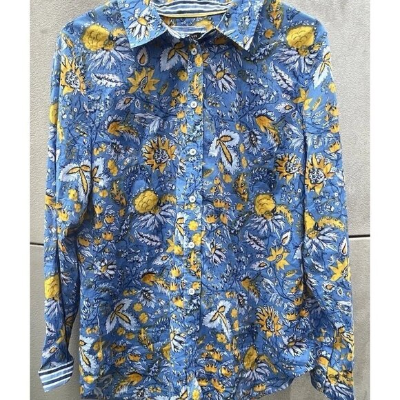 TALBOTS Women’s Sz L Classic Button Shirt Botanical Blue Sunflower Spring - Picture 10 of 16